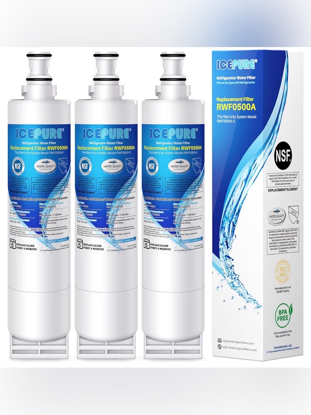 ICEPURE RWF0500A Refrigerator Water Filter - Blue & White - 3 Pack /  NEW